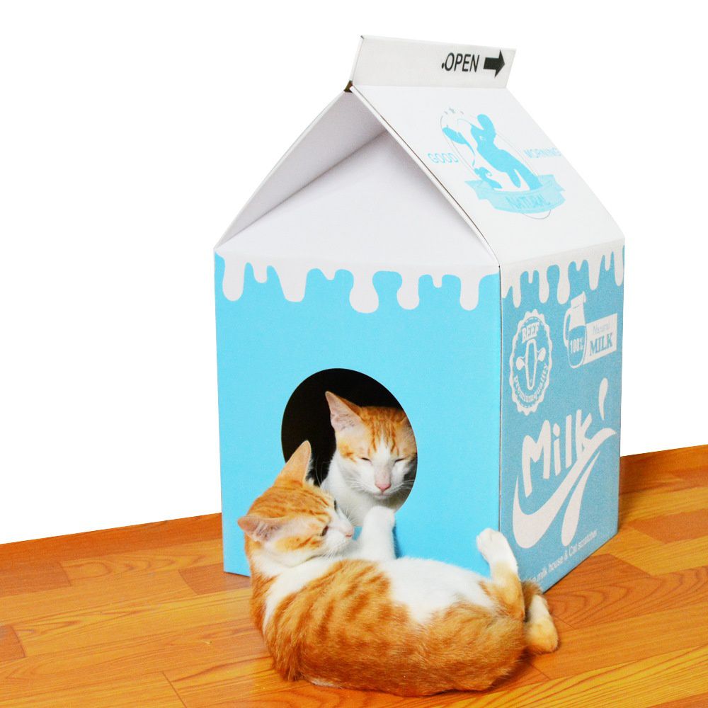 瓦愣紙製造型貓抓屋-牛奶盒-藍色 (33x32x56.5cm)