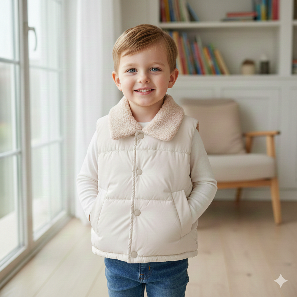 加絨翻領鋪棉暖暖背心-白色