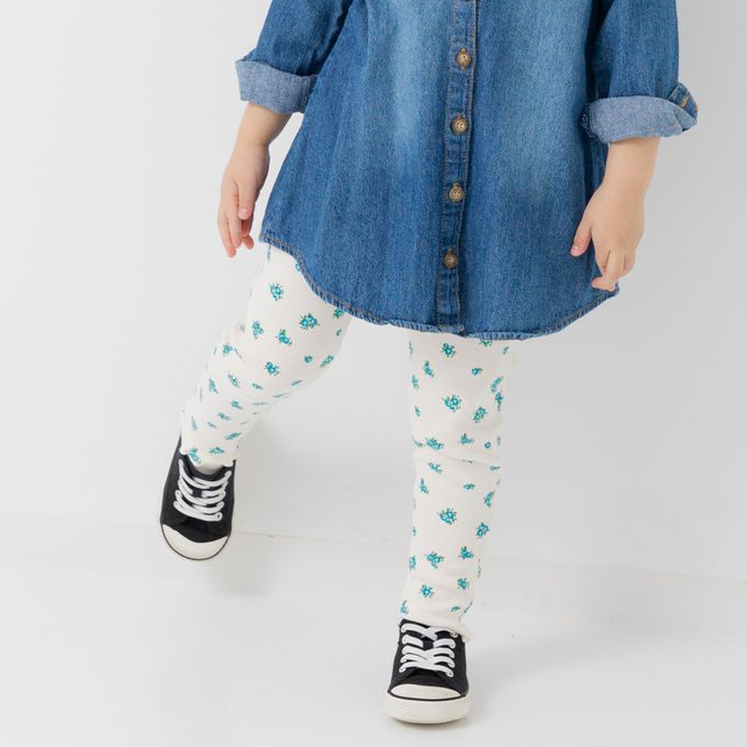 日本 Chil2 - 滿版印花羅紋合身內搭褲-花草-淺藍
