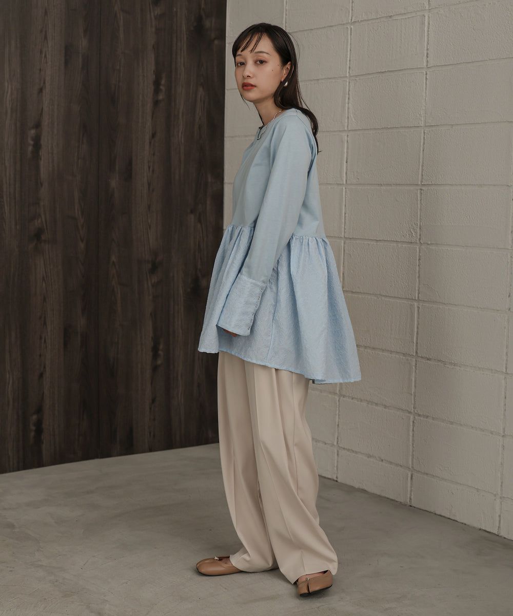 日本 Bab - 優美緹花拼接長袖上衣-水藍