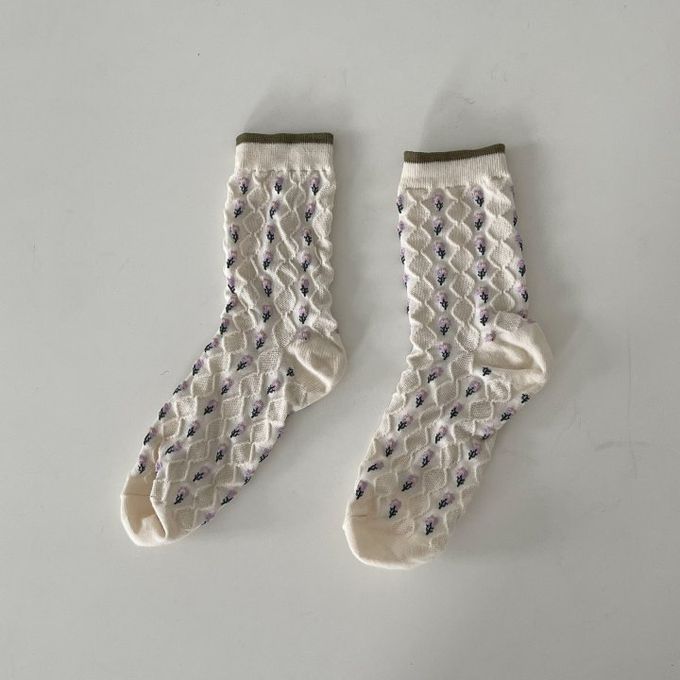 韓國Marian - 花紋鬆餅格紋中筒襪-橄欖綠 (Free)