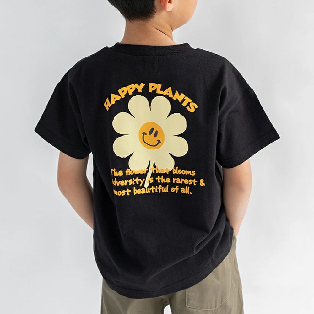 天竺棉可愛印花短袖上衣-笑臉花花-黑