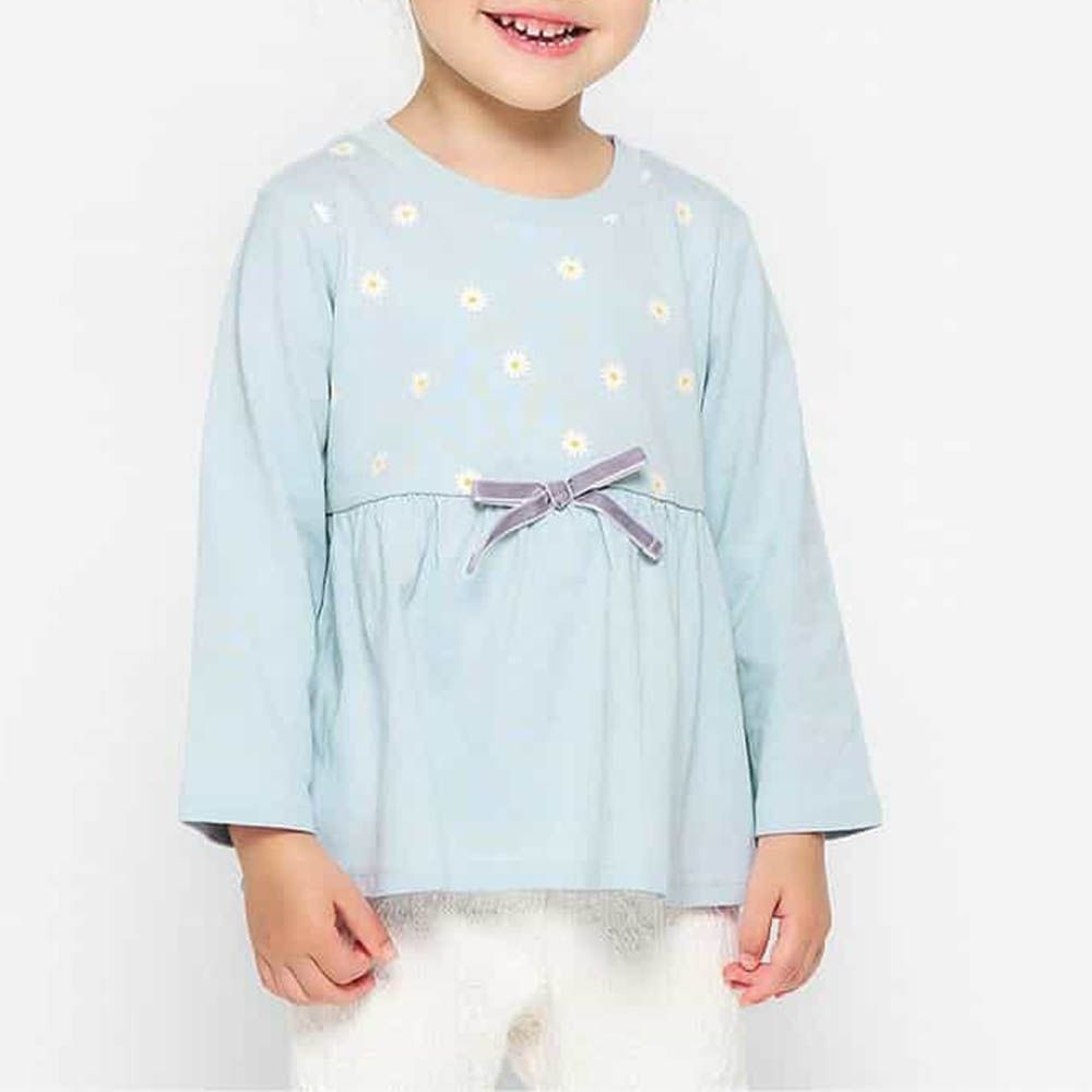 天天穿飄逸荷葉邊長袖上衣-小花-天藍