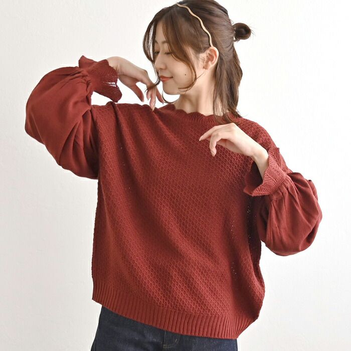 日本 ihuu - 氣質花瓣領糖果袖針織上衣-酒紅