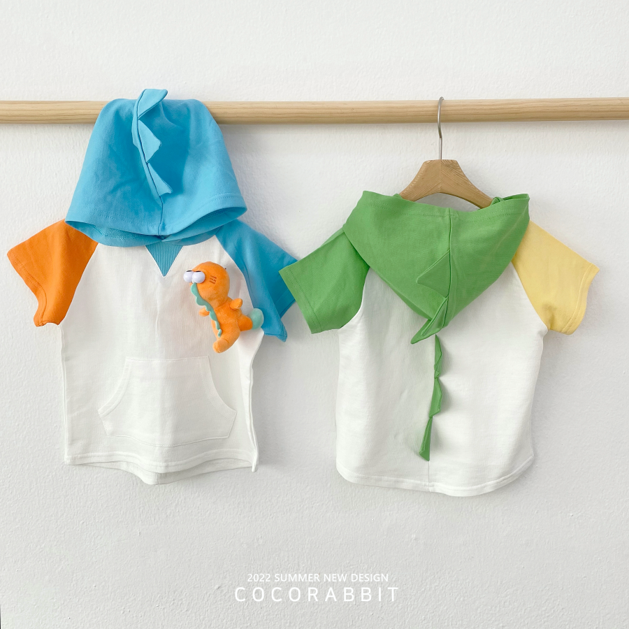 韓國 Coco rabbit - 恐龍娃娃撞色造型連帽T-綠X黃