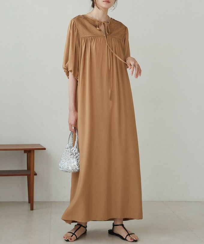 日本 Bab - 領口休閒綁帶泡泡短袖洋裝-焦糖棕 (M)