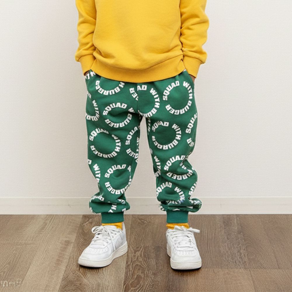 美式滿版印花束口休閒長褲-圓圈-綠