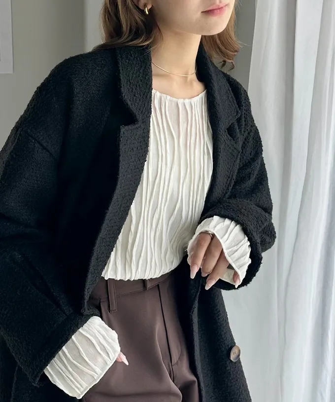 日本 Classical Elf - 圓領波紋透感長袖上衣-深灰藍