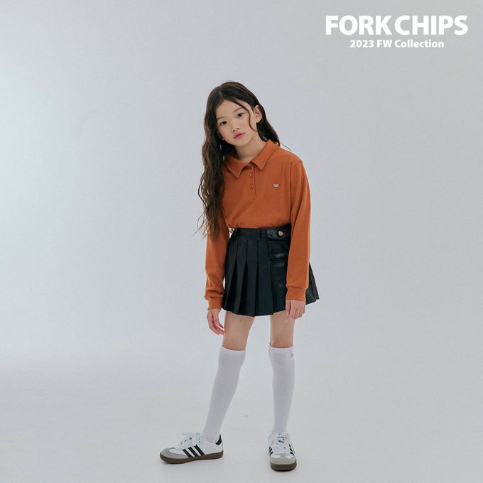 韓國 FORK CHIPS - 金屬裝飾直坑條翻領長袖上衣-磚紅
