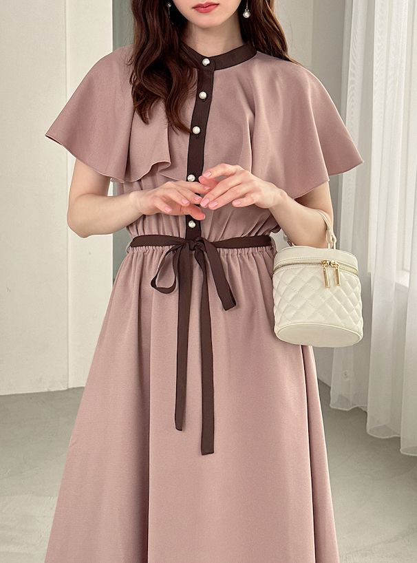 日本 GRL - 法式優雅撞色收腰雪紡洋裝-深藍x白 (F)