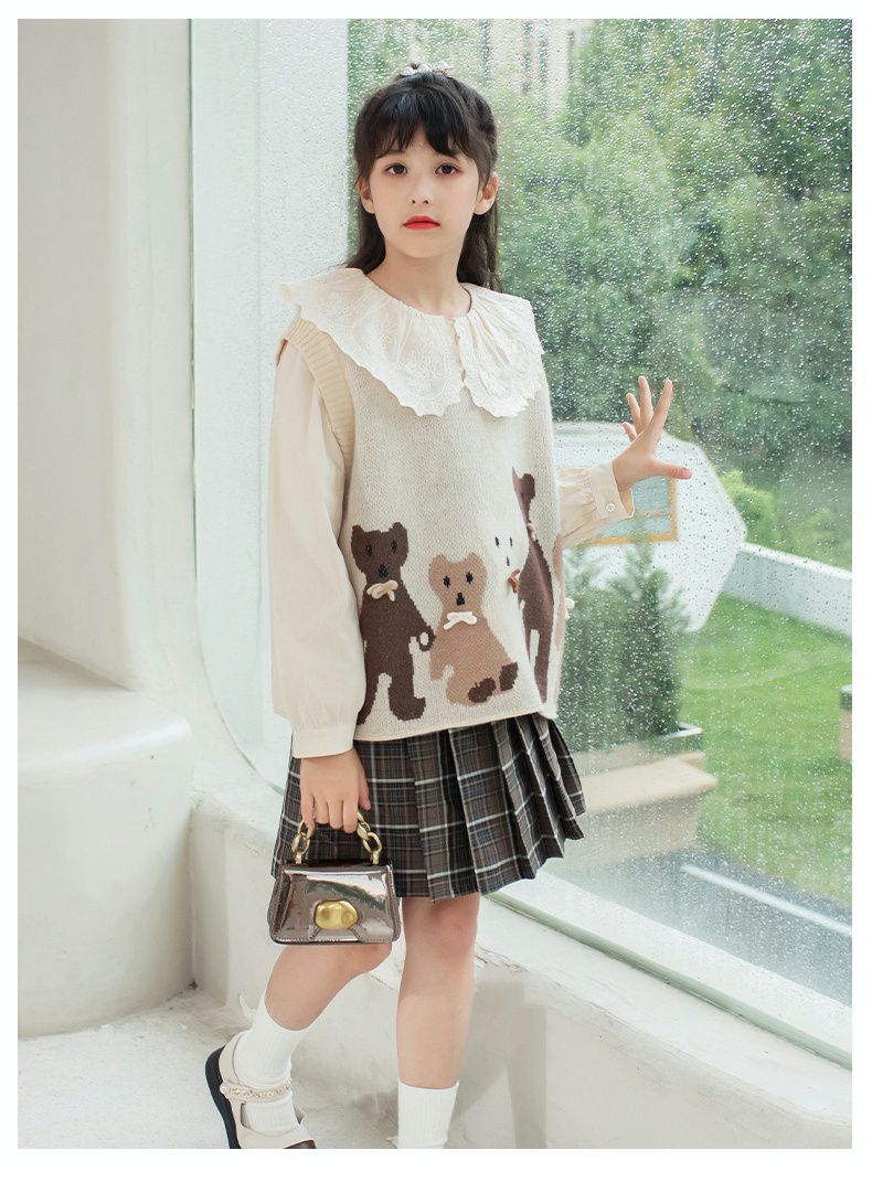 兩件式木耳大翻領長袖襯衫-襯衫+針織背心-米色