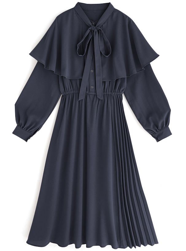 日本 GRL - 法式復古斗篷領收腰長袖洋裝-海軍藍