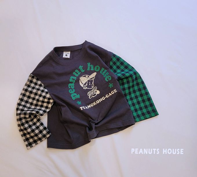 韓國 Peanuts House - 男孩印雙色格子拼接長袖上衣-藍黑X米杏X紅