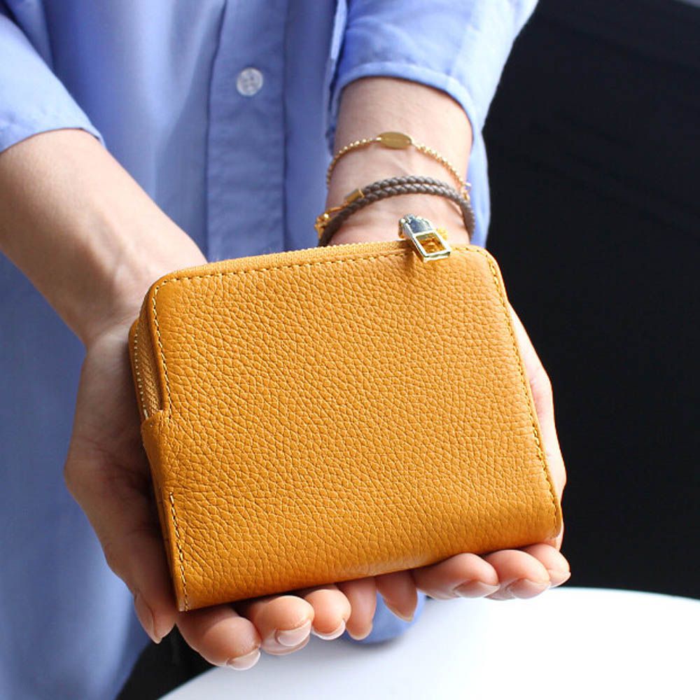 真皮輕量典雅實用短夾-防盜設計-芥末黃