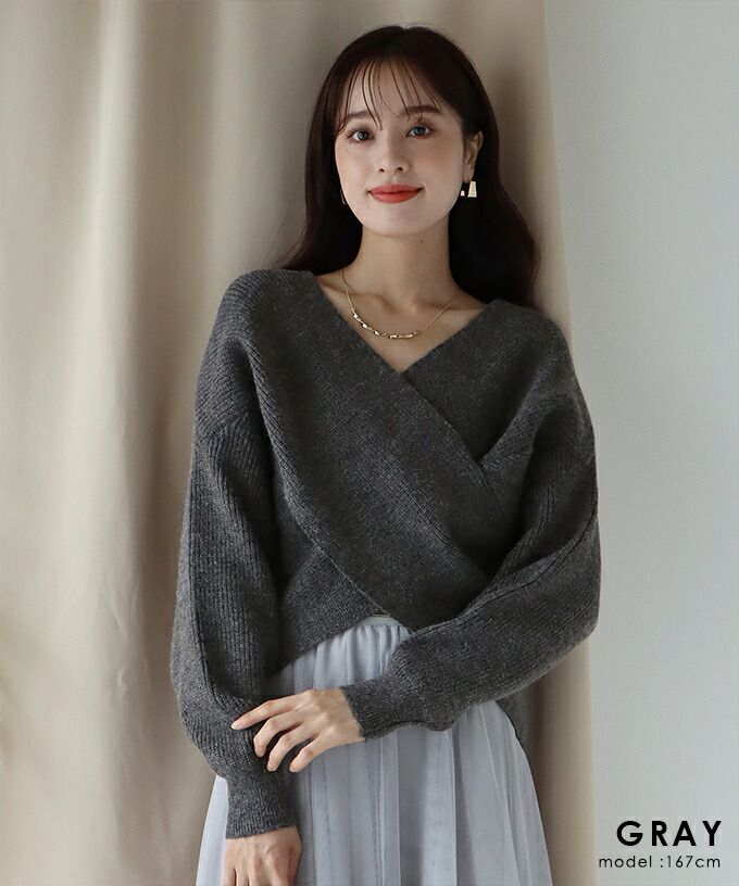 日本 BLUE EAST - 柔美交叉短版針織毛衣-淺灰