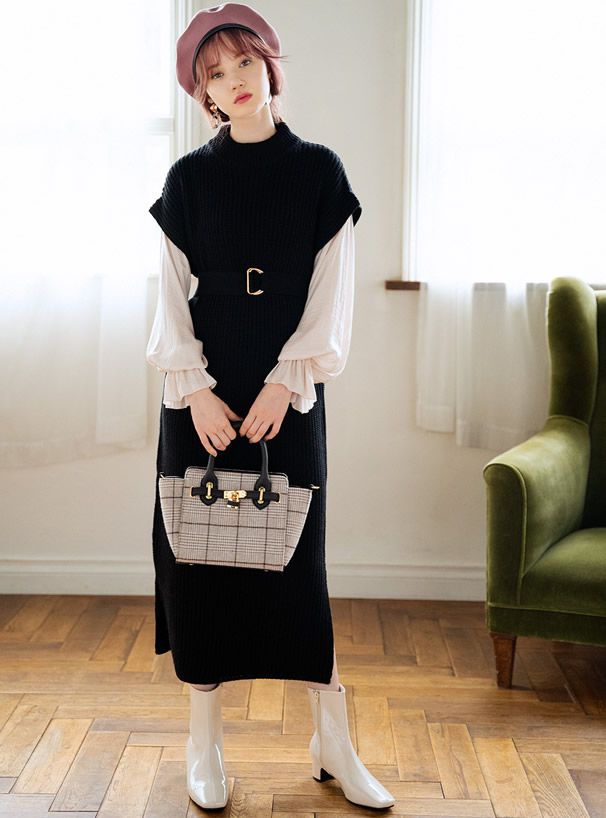 日本 GRL - 2way格紋小托特包/側背包-黑