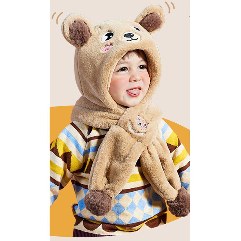 韓國lemonkid - 超萌卡通毛绒一體帽-自然棕小熊