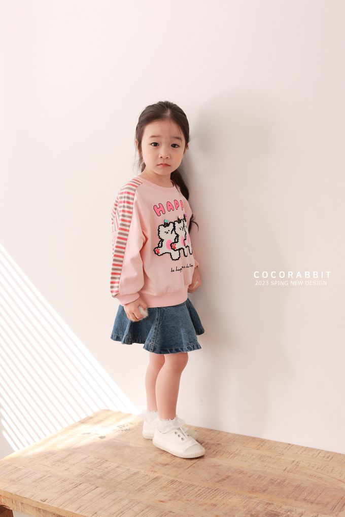 韓國 Coco rabbit - 跳舞小熊橫紋配色長袖上衣-天空藍