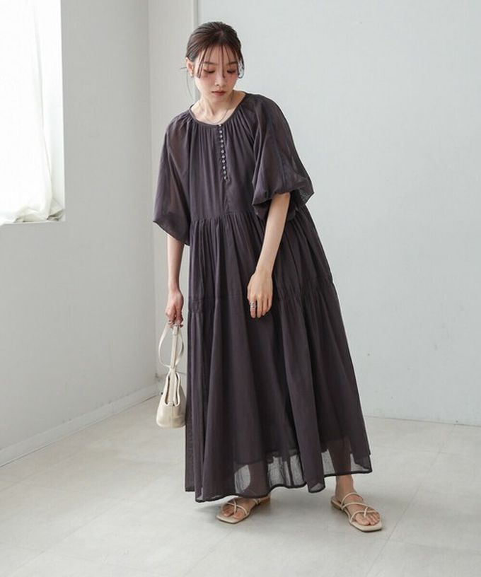 日本 Bab - 100%棉 巴里紗柔軟素色寬袖洋裝-炭灰