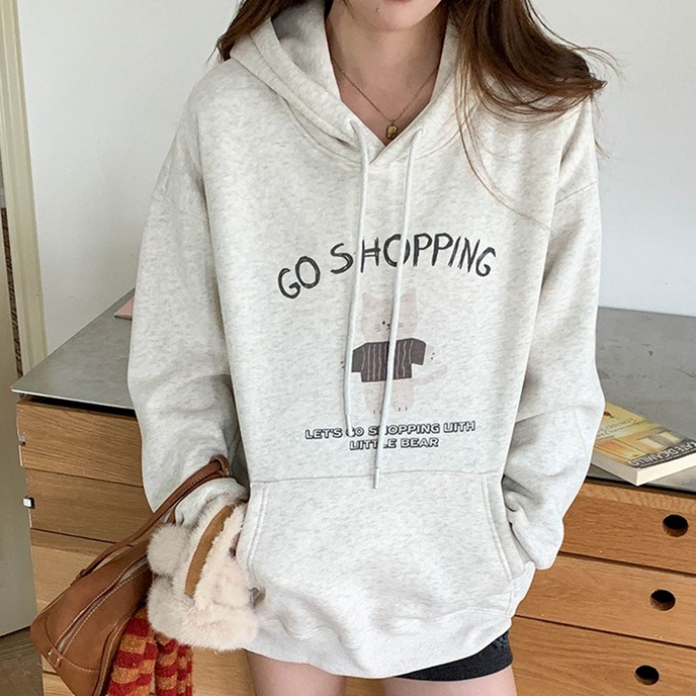 (加絨)長袖連帽T-塗鴉貓咪-麻白 (F)