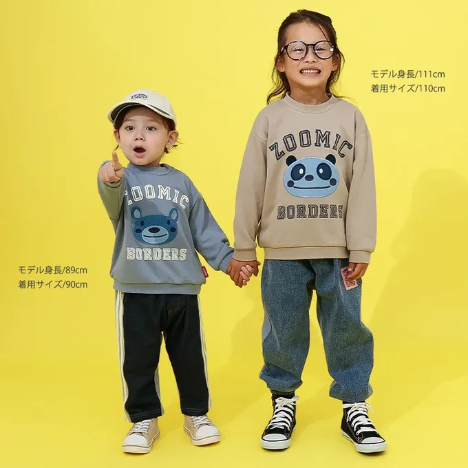 日本 ZOOLAND - 丹寧風小熊裏毛長袖上衣-縫線小熊臉-卡其