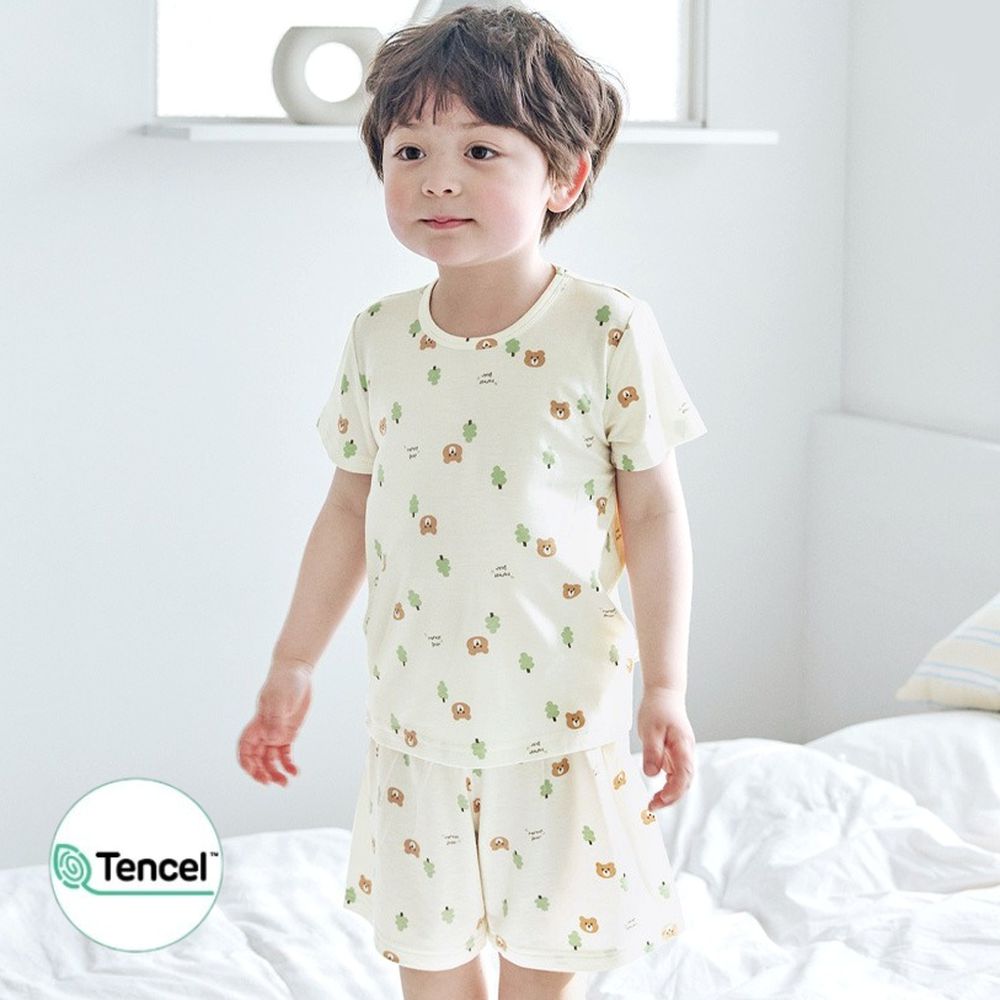 天絲莫代爾透氣短袖家居服-樹木熊熊-米黃