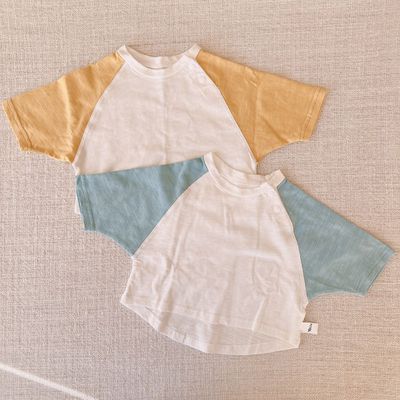 YOUrs - 竹節棉斜袖上衣2件組-芥黃色+松藍色