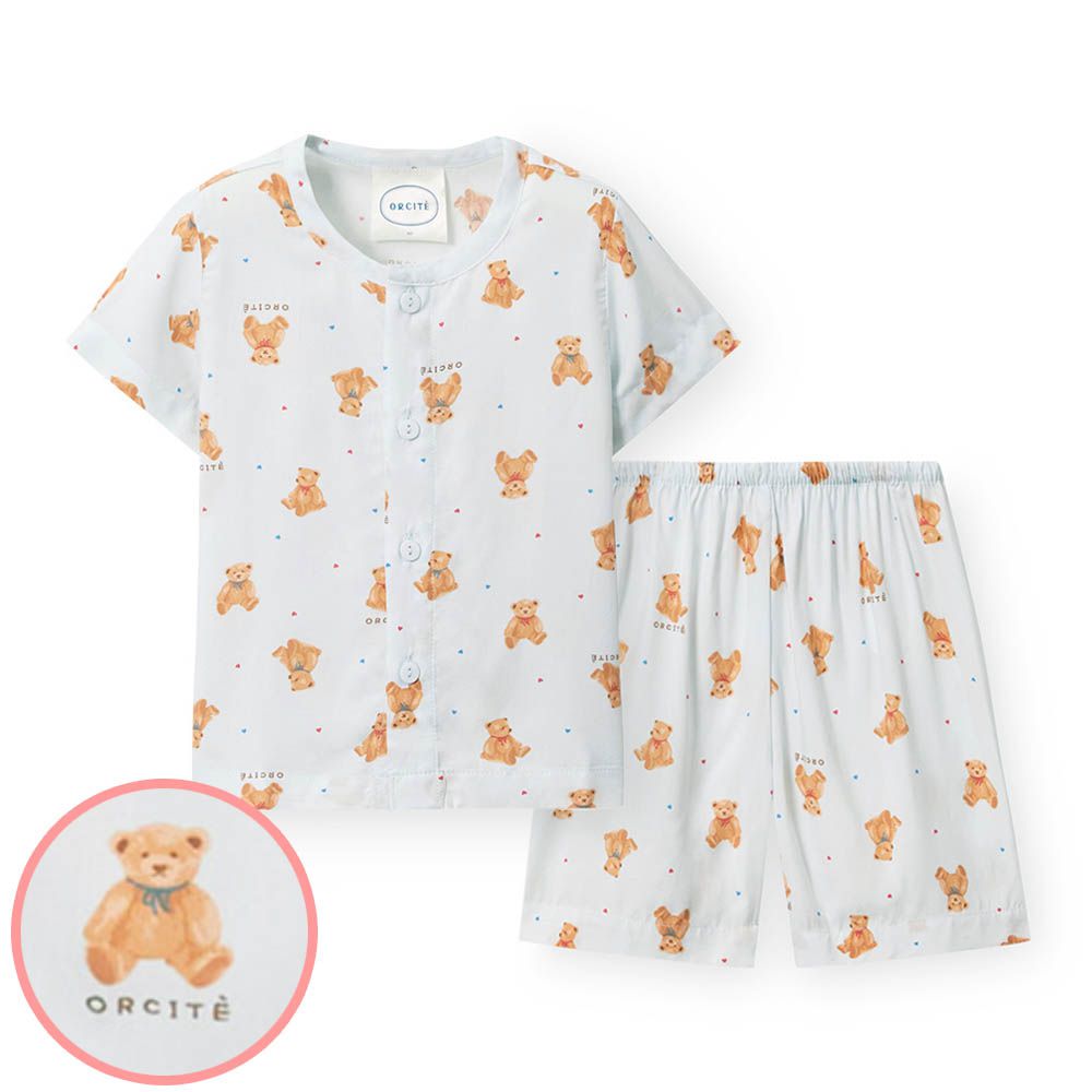 (男寶)輕柔嫘縈短袖睡衣套裝-熊熊玩偶-水藍