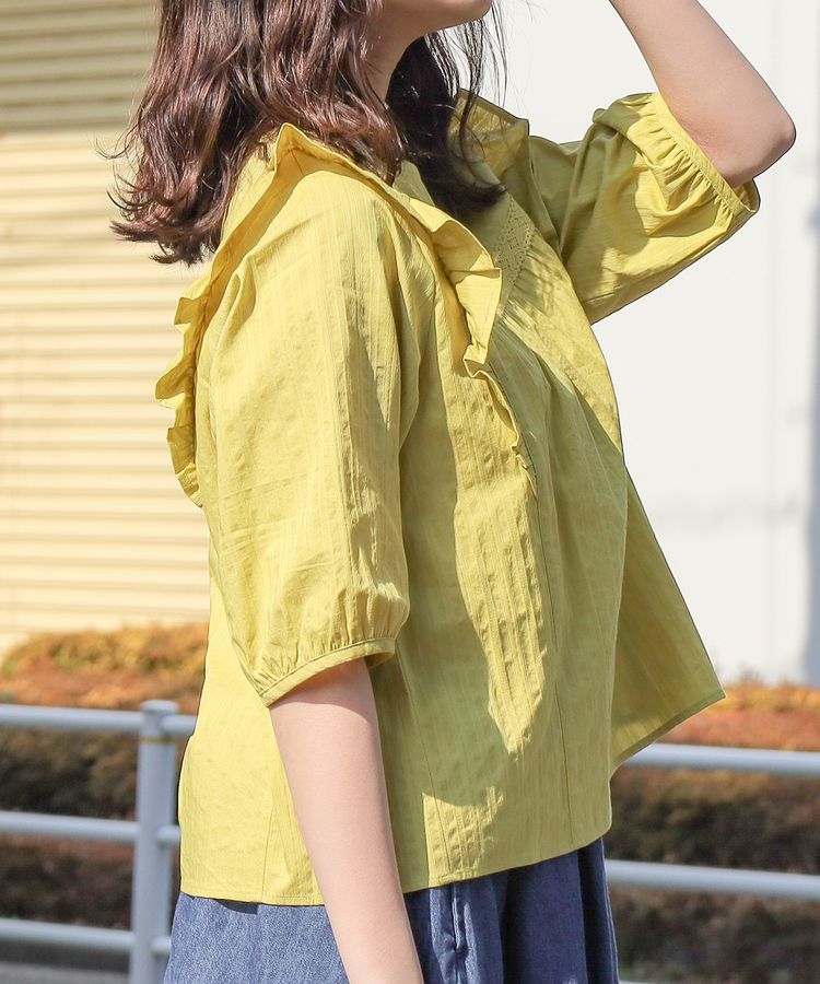 日本 Honeys - 純棉浪漫荷葉飛飛袖七分袖上衣-黃綠