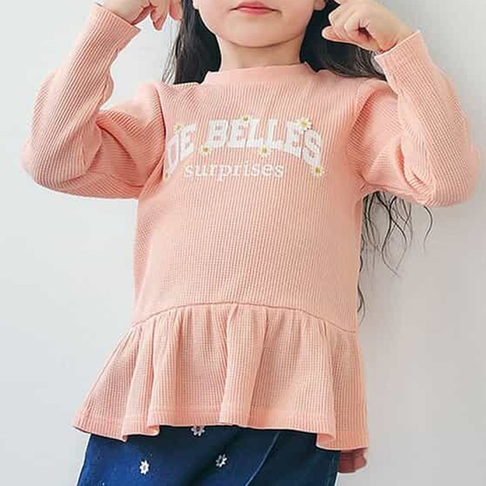 可愛荷葉下擺羅紋長袖上衣-小花英文-橘粉