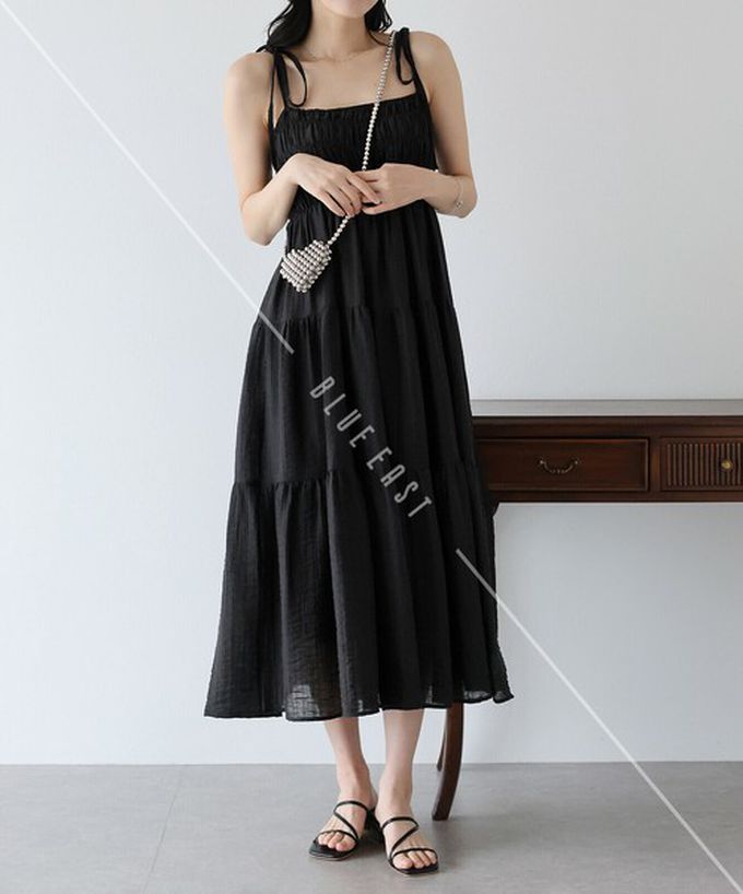 日本 BLUE EAST - 清爽透膚感皺摺綁帶分層洋裝-灰