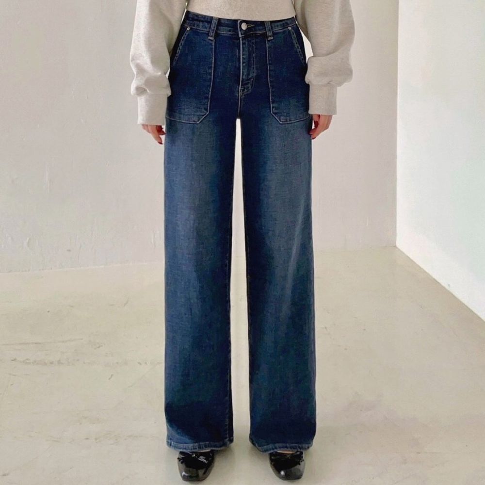 Howluk (內磨毛)彈性腰高級環紡大口袋丹寧寬褲-中青