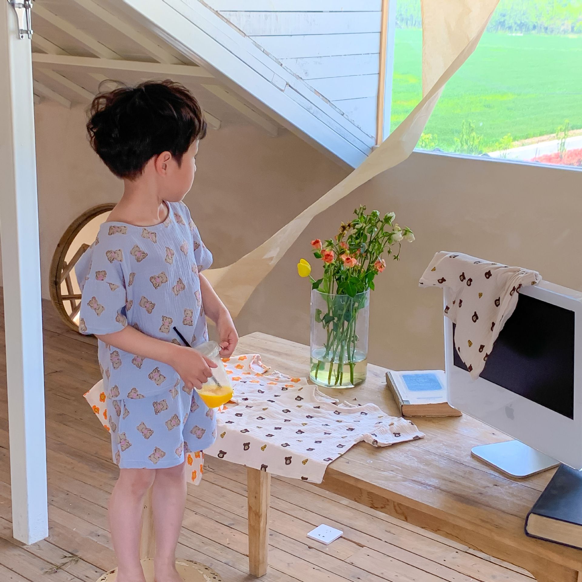 紗布棉短袖家居服套裝-小碎花-奶油色