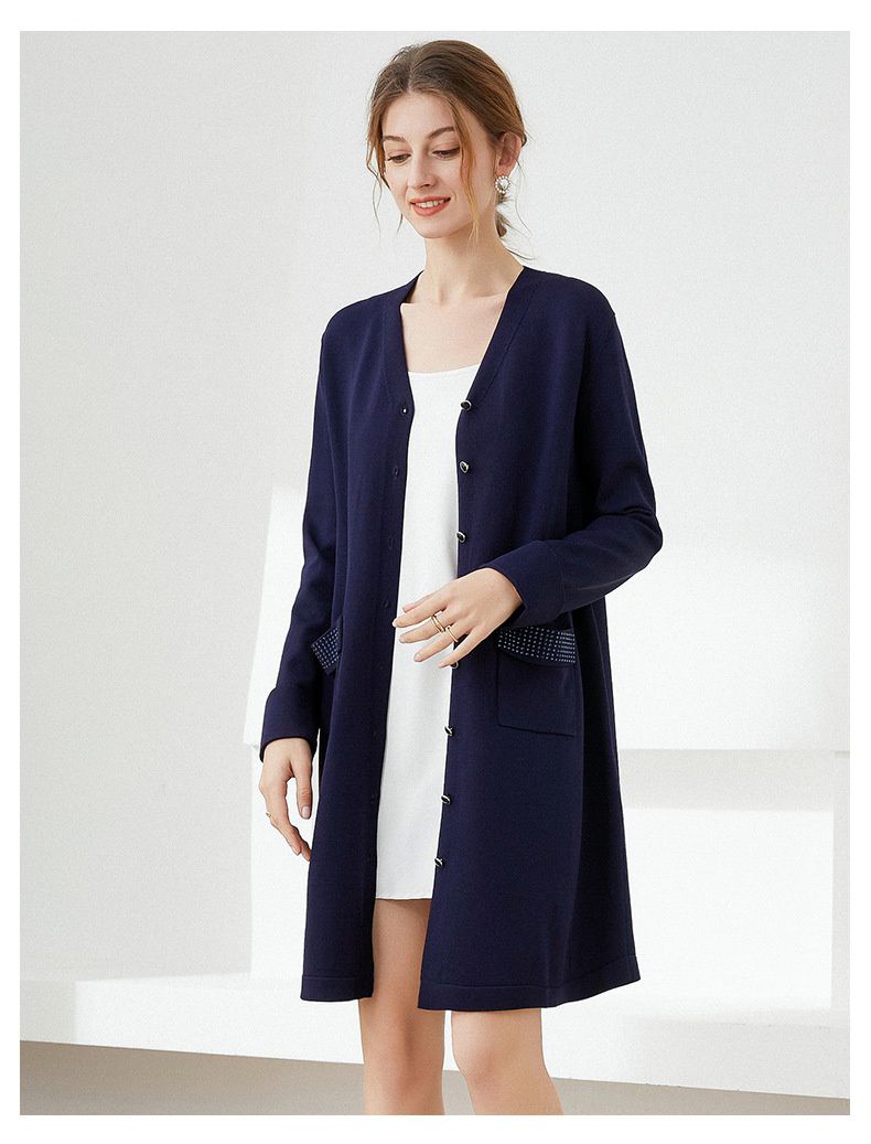 蝴蝶結綁帶針織長袖連身裙-深藍色