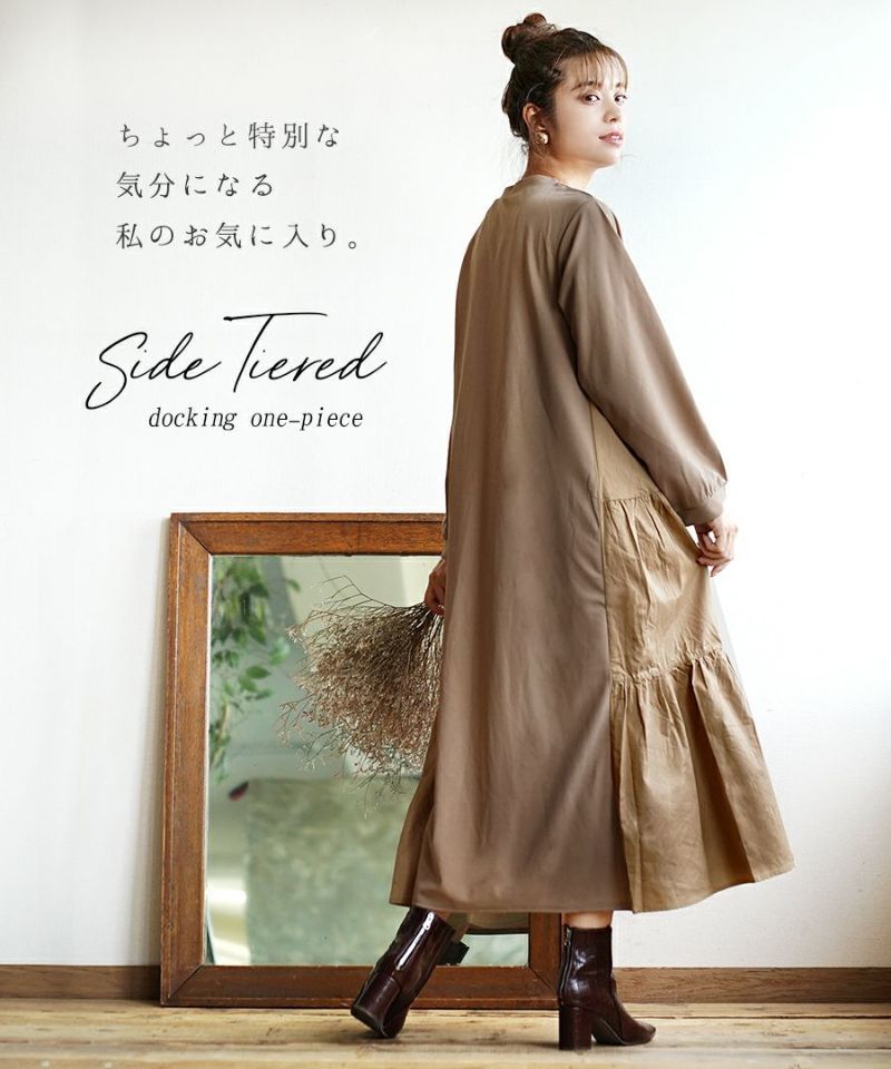 日本 zootie - 光澤感層次撞色長袖洋裝-淺卡其