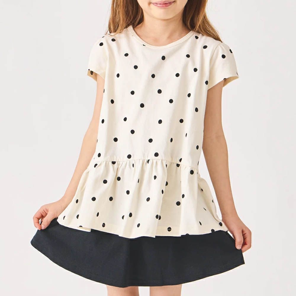 100%棉 層次荷葉衣襬短袖上衣-點點-白