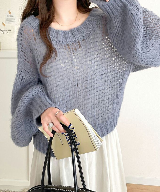 日本 Classical Elf - 甜美船領針織洞洞大寬袖毛衣-湖水綠