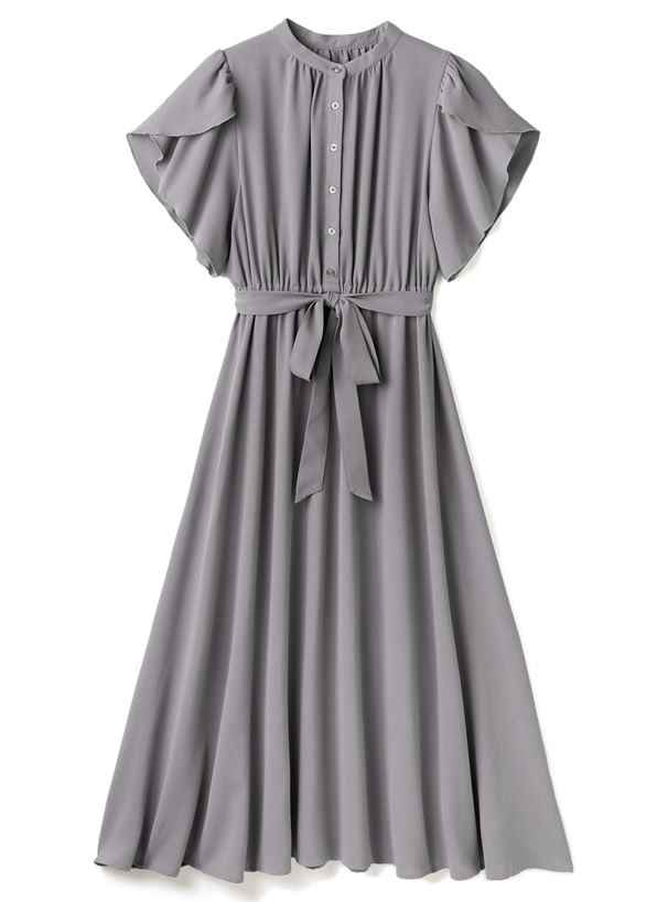 日本 GRL - 柔美綁帶花朵袖雪紡洋裝-冰河灰