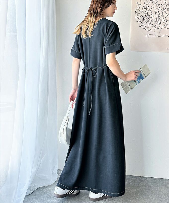 日本 Classical Elf - 鑰匙領綁帶休閒感縫線短袖洋裝-深藍