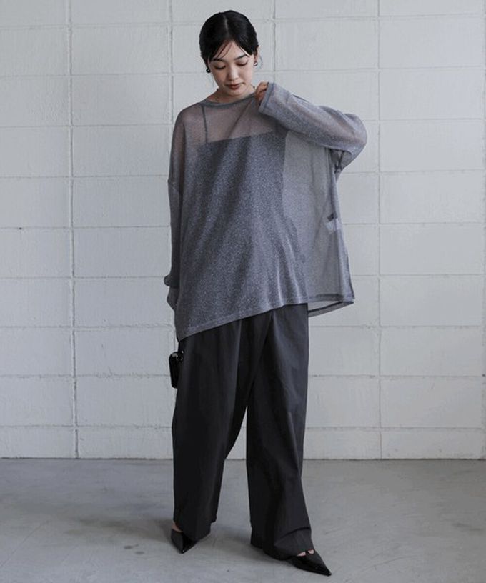 日本 Bab - 光澤閃耀透膚寬版長袖上衣-咖啡