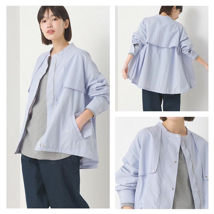 日本 OMNES - 潑水加工 輕量尼龍抽繩造型圓領外套-水藍