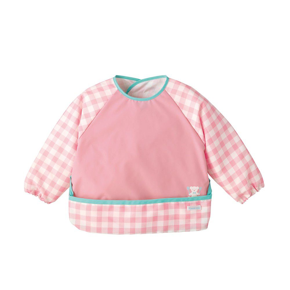 日本 Combi - mini 食事圍兜-長袖款-小熊格紋-粉紅 (L [90-100cm])-12個月起