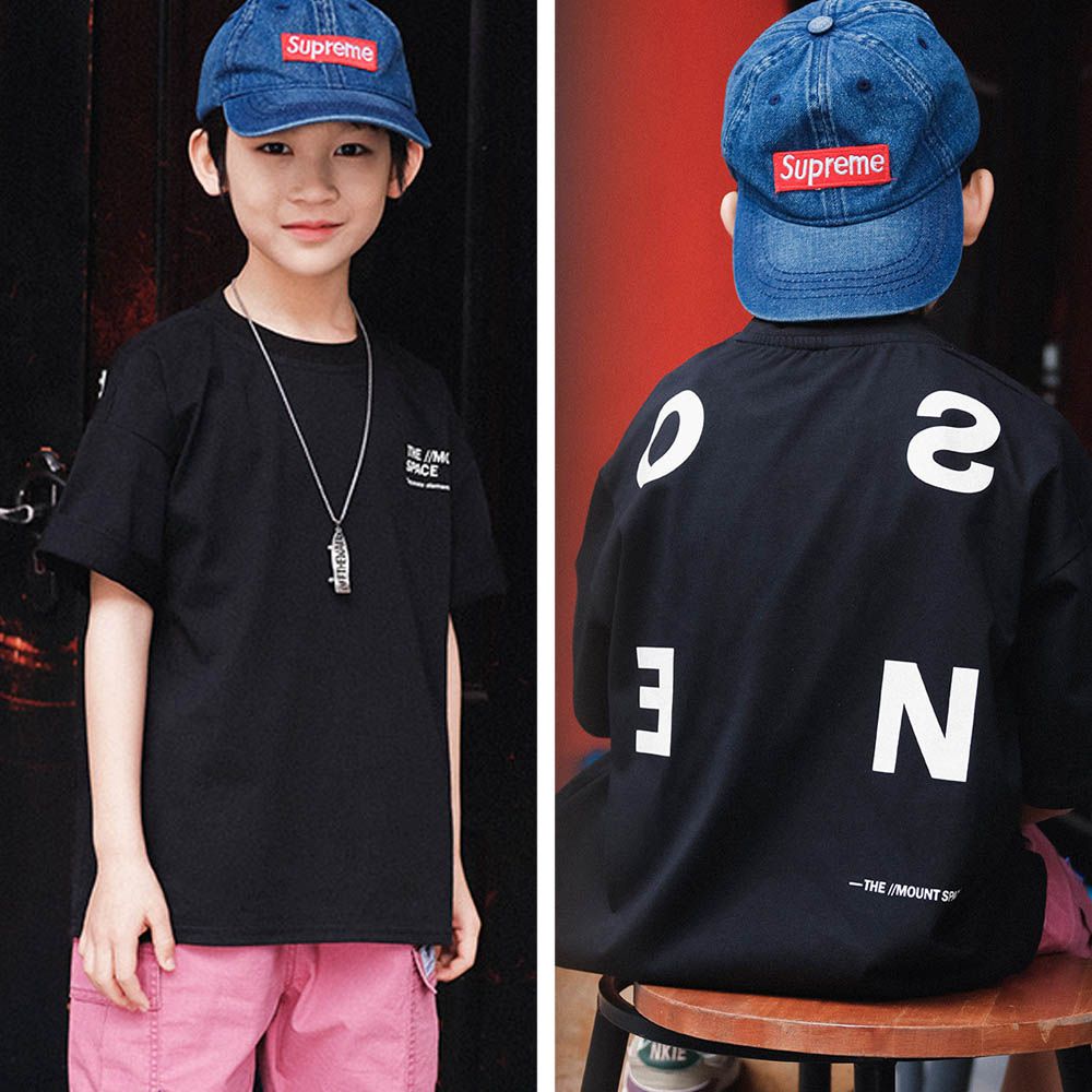 棉質圓領短袖上衣-簡約字母-黑色