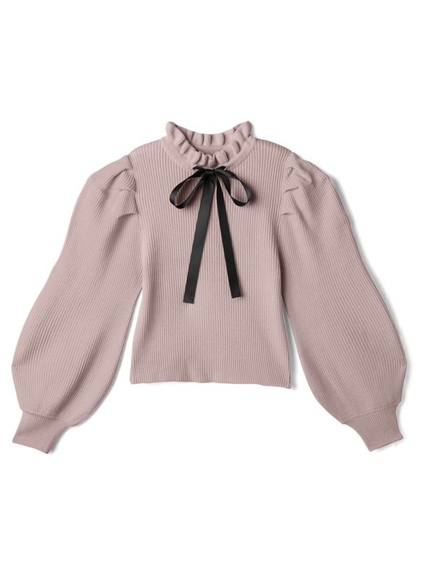 日本 GRL - 復古花邊領綁帶澎袖針織長袖上衣-丁香紫