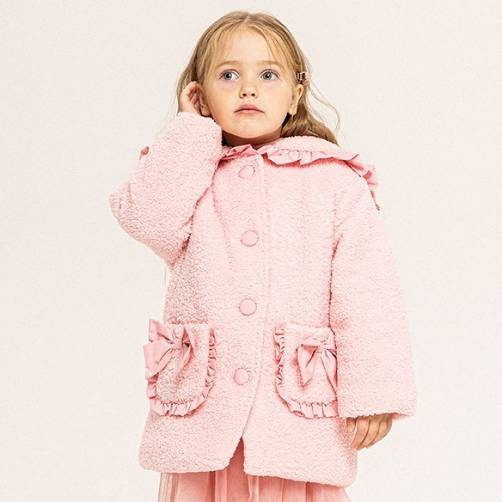 甜心荷葉娃娃領泰迪絨填充大衣-粉