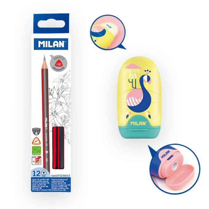 MILAN - 學童文具組-經典三角鉛筆_HB_12入裝+太空膠囊橡皮擦+削筆器_孔雀_溫暖黃