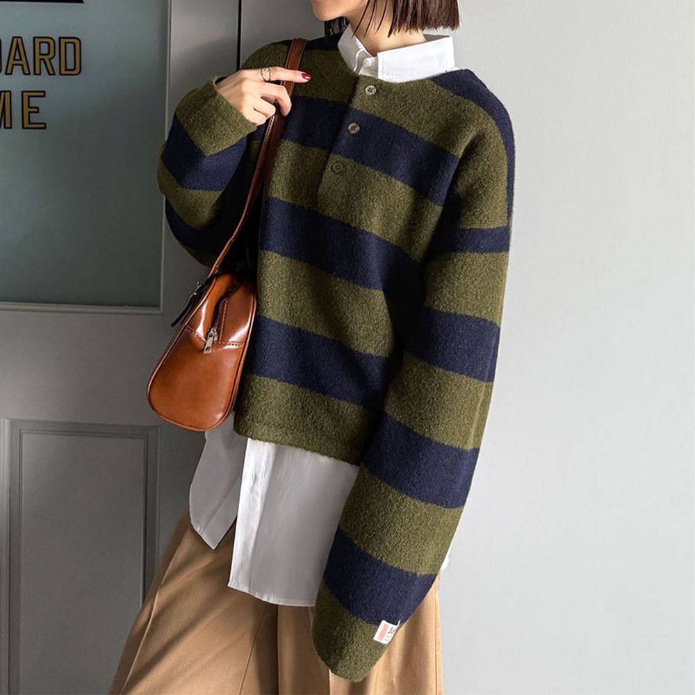 Java 率性亨利領寬鬆厚針織上衣-墨綠x海軍藍