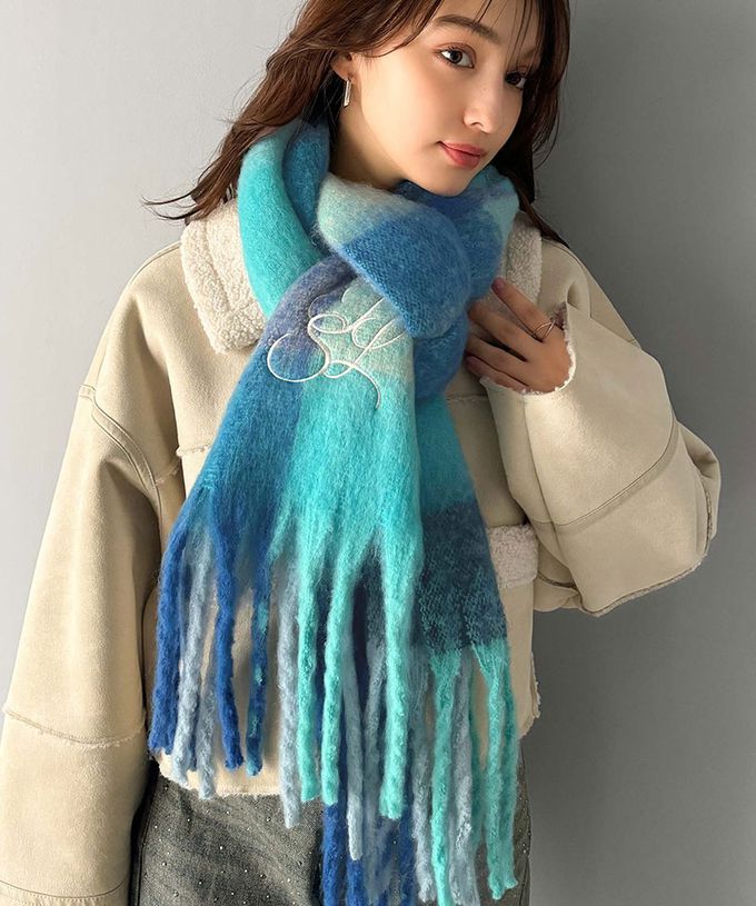 日本 Classical Elf - 蓬鬆份量感logo刺繡流蘇圍巾-藍色系