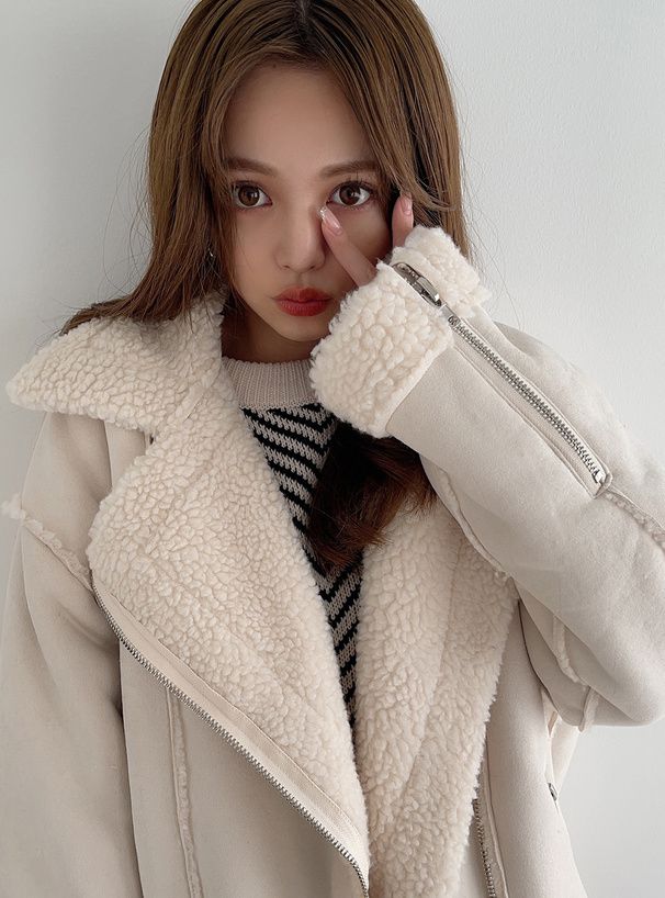 日本 GRL - 羊羔絨拼接寬版騎士夾克/外套-粉紫