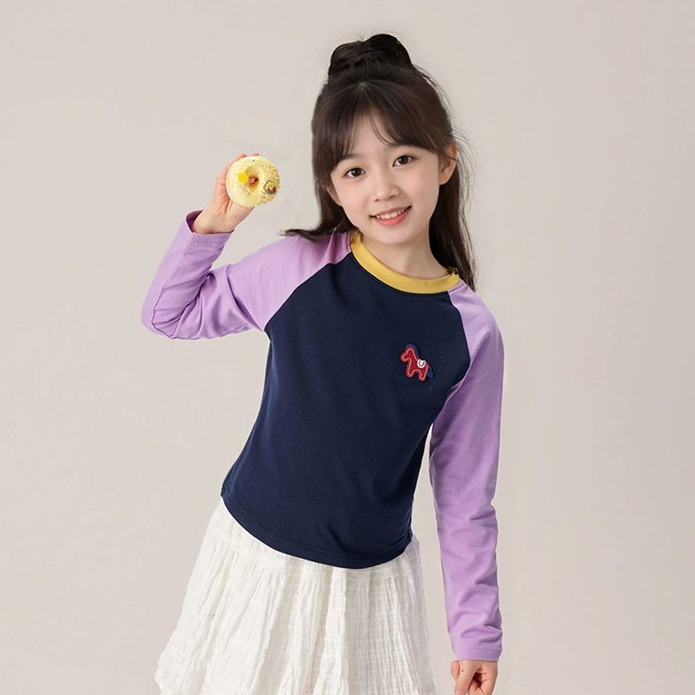 簡約拼色長袖上衣-刺繡小馬-藏青